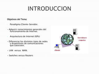 Objetivos del Tema:
-

Paradigma Cliente-Servidor.

– Adquirir conocimientos generales del
funcionamiento de Internet.
-

Arquitectura de Internet (ISPs)

– Diferenciar los distintos tipos de redes
y dispositivos de comunicaciones
que coexisten.

• LAN versus WAN.
• Switches versus Routers

 