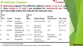 IP Address ClassesIP addressing supports five different address classes: A, B, C, D, and
E. Only classes A, B, and C are available for commercial use. The
left-most (high-order) bits indicate the network class.

 