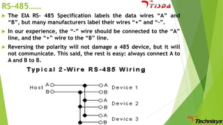 RS-485……


The EIA RS- 485 Specification labels the data wires “A” and
“B”, but many manufacturers label their wires “+” and “-”.



In our experience, the “-” wire should be connected to the “A”
line, and the “+” wire to the “B” line.



Reversing the polarity will not damage a 485 device, but it will
not communicate. This said, the rest is easy: always connect A to
A and B to B.

 