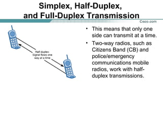Simplex, Half-Duplex,
and Full-Duplex Transmission
• This means that only one
side can transmit at a time.
• Two-way radios, such as
Citizens Band (CB) and
police/emergency
communications mobile
radios, work with halfduplex transmissions.

 