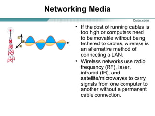 Networking Media
• If the cost of running cables is
too high or computers need
to be movable without being
tethered to cables, wireless is
an alternative method of
connecting a LAN.
• Wireless networks use radio
frequency (RF), laser,
infrared (IR), and
satellite/microwaves to carry
signals from one computer to
another without a permanent
cable connection.

 