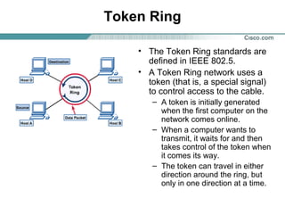 Token Ring
• The Token Ring standards are
defined in IEEE 802.5.
• A Token Ring network uses a
token (that is, a special signal)
to control access to the cable.
– A token is initially generated
when the first computer on the
network comes online.
– When a computer wants to
transmit, it waits for and then
takes control of the token when
it comes its way.
– The token can travel in either
direction around the ring, but
only in one direction at a time.

 