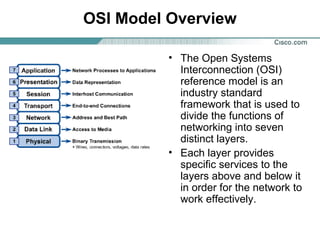 OSI Model Overview
• The Open Systems
Interconnection (OSI)
reference model is an
industry standard
framework that is used to
divide the functions of
networking into seven
distinct layers.
• Each layer provides
specific services to the
layers above and below it
in order for the network to
work effectively.

 