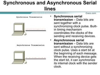 Synchronous and Asynchronous Serial
lines
• Synchronous serial
transmission – Data bits are
sent together with a
synchronizing clock pulse. Builtin timing mechanism
coordinates the clocks of the
sending and receiving devices.
• Asynchronous serial
transmission – Data bits are
sent without a synchronizing
clock pulse. Uses a start bit at
the beginning of each message.
When the receiving device gets
the start bit, it can synchronize
its internal clock with the sender
clock.

 