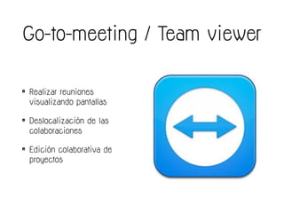 Go-to-meeting / Team viewer
• Realizar reuniones
visualizando pantallas
• Deslocalización de las
colaboraciones
• Edición colaborativa de
proyectos
 