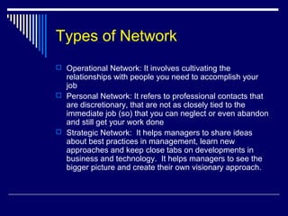 Types of Network
 Operational Network: It involves cultivating the
relationships with people you need to accomplish your
job
 Personal Network: It refers to professional contacts that
are discretionary, that are not as closely tied to the
immediate job (so) that you can neglect or even abandon
and still get your work done
 Strategic Network: It helps managers to share ideas
about best practices in management, learn new
approaches and keep close tabs on developments in
business and technology. It helps managers to see the
bigger picture and create their own visionary approach.
 