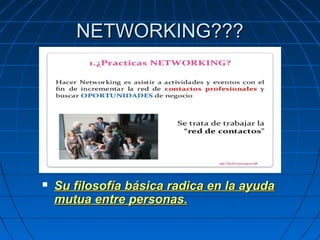 NETWORKING???NETWORKING???
 Su filosofía básica radica en la ayudaSu filosofía básica radica en la ayuda
mutua entre personas.mutua entre personas.
 