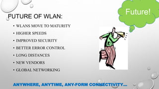 FUTURE OF WLAN:
• WLANS MOVE TO MATURITY
• HIGHER SPEEDS
• IMPROVED SECURITY
• BETTER ERROR CONTROL
• LONG DISTANCES
• NEW VENDORS
• GLOBAL NETWORKING
ANYWHERE, ANYTIME, ANY-FORM CONNECTIVITY…
Future!
 