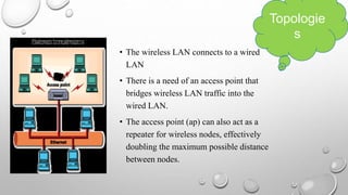 • The wireless LAN connects to a wired
LAN
• There is a need of an access point that
bridges wireless LAN traffic into the
wired LAN.
• The access point (ap) can also act as a
repeater for wireless nodes, effectively
doubling the maximum possible distance
between nodes.
Topologie
s
 
