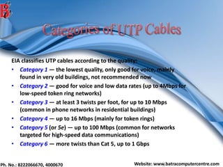 Ph. No.: 8222066670, 4000670 Website: www.batracomputercentre.com
EIA classifies UTP cables according to the quality:
• Category 1 ― the lowest quality, only good for voice, mainly
found in very old buildings, not recommended now
• Category 2 ― good for voice and low data rates (up to 4Mbps for
low-speed token ring networks)
• Category 3 ― at least 3 twists per foot, for up to 10 Mbps
(common in phone networks in residential buildings)
• Category 4 ― up to 16 Mbps (mainly for token rings)
• Category 5 (or 5e) ― up to 100 Mbps (common for networks
targeted for high-speed data communications)
• Category 6 ― more twists than Cat 5, up to 1 Gbps
 