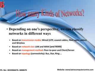 Ph. No.: 8222066670, 4000670 Website: www.batracomputercentre.com
• Depending on one’s perspective, we can classify
networks in different ways
• Based on transmission media: Wired (UTP, coaxial cables, fiber-optic cables)
and Wireless
• Based on network size: LAN and WAN (and MAN)
• Based on management method: Peer-to-peer and Client/Server
• Based on topology (connectivity): Bus, Star, Ring …
 