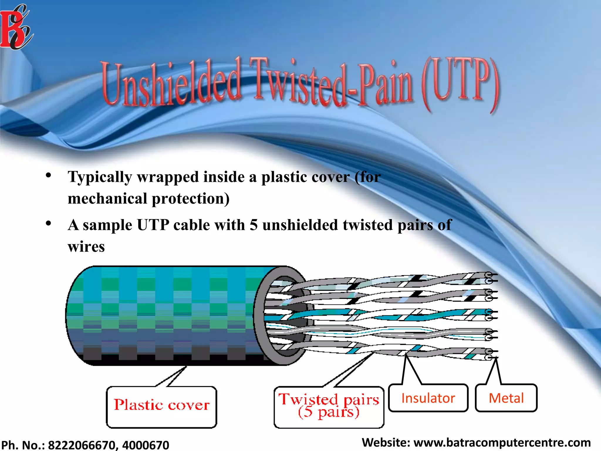 Ph. No.: 8222066670, 4000670 Website: www.batracomputercentre.com
• Typically wrapped inside a plastic cover (for
mechanical protection)
• A sample UTP cable with 5 unshielded twisted pairs of
wires
MetalInsulator
 