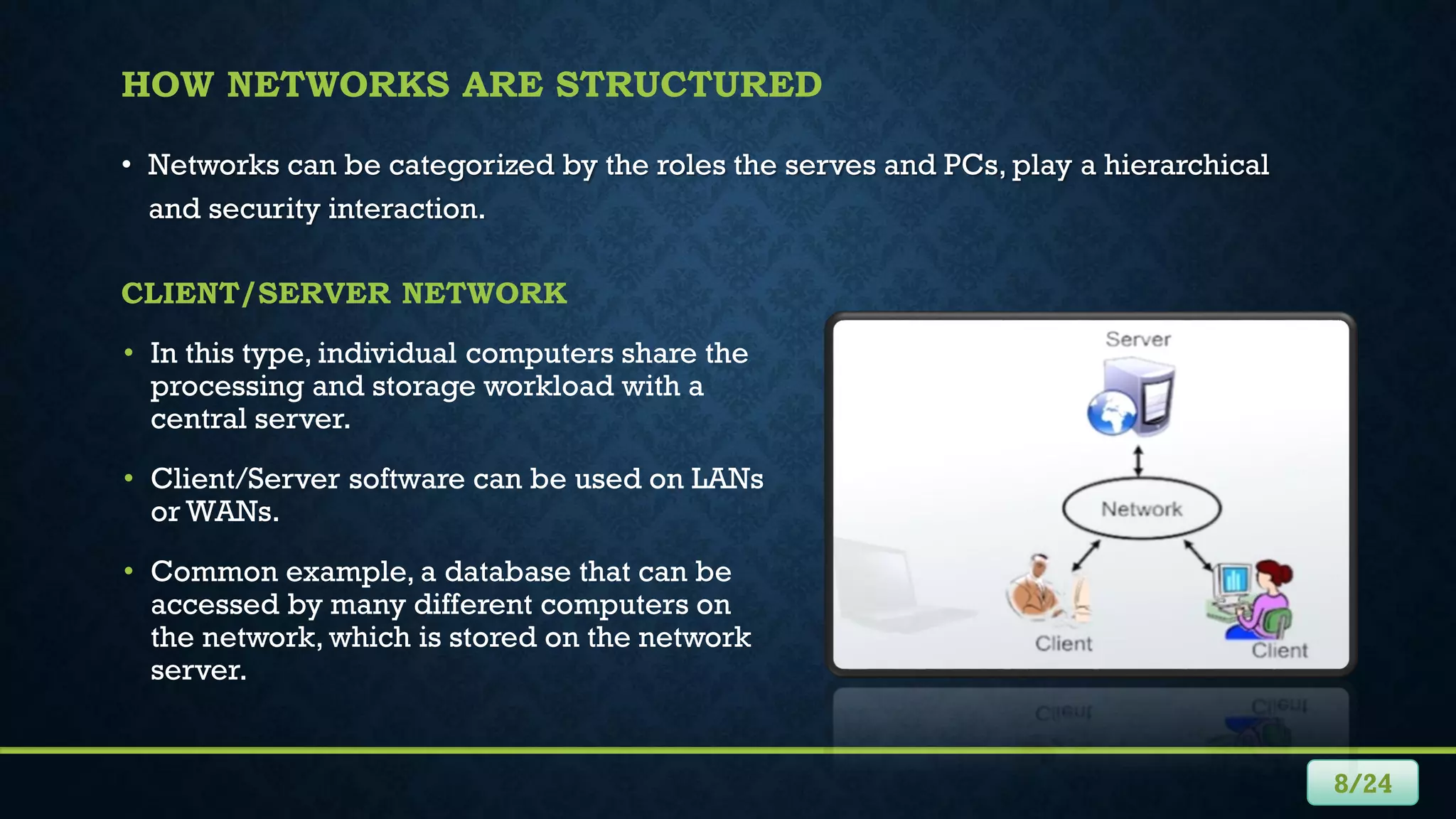 HOW NETWORKS ARE STRUCTURED
• Networks can be categorized by the roles the serves and PCs, play a hierarchical
and security interaction.
8/24
CLIENT/SERVER NETWORK
• In this type, individual computers share the
processing and storage workload with a
central server.
• Client/Server software can be used on LANs
or WANs.
• Common example, a database that can be
accessed by many different computers on
the network, which is stored on the network
server.
 