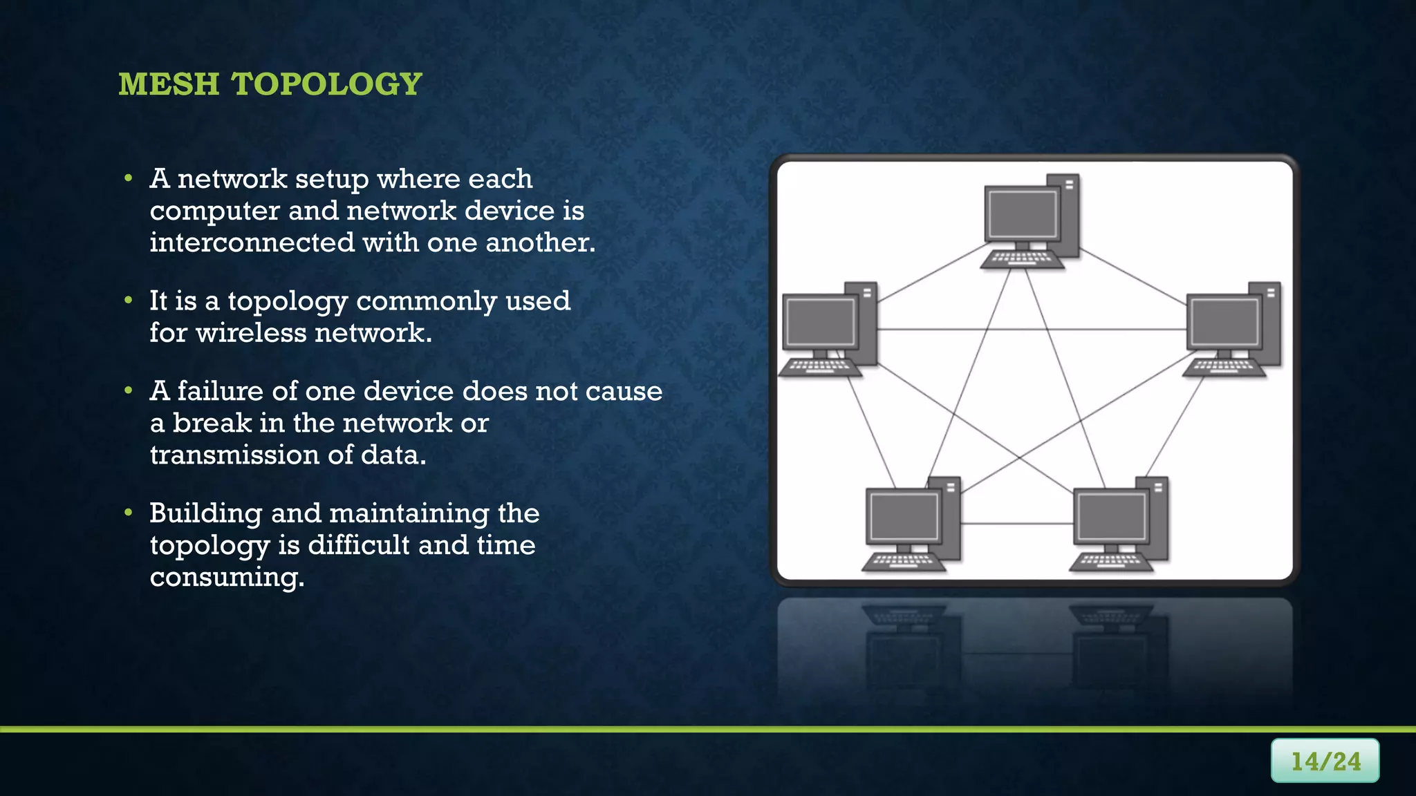 MESH TOPOLOGY
• A network setup where each
computer and network device is
interconnected with one another.
• It is a topology commonly used
for wireless network.
• A failure of one device does not cause
a break in the network or
transmission of data.
• Building and maintaining the
topology is difficult and time
consuming.
14/24
 