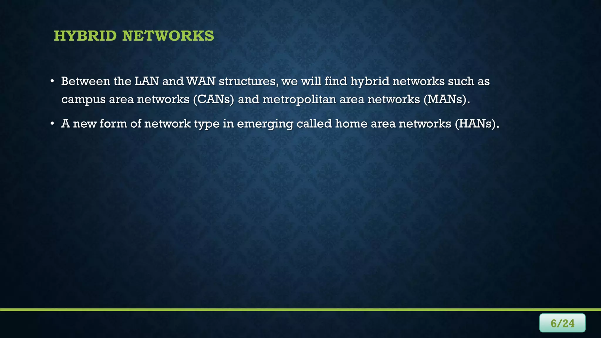 HYBRID NETWORKS
• Between the LAN and WAN structures, we will find hybrid networks such as
campus area networks (CANs) and metropolitan area networks (MANs).
• A new form of network type in emerging called home area networks (HANs).
6/24
 