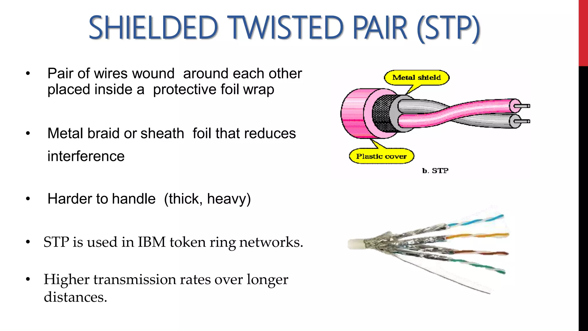 SHIELDED TWISTED PAIR (STP)
• Pair of wires wound around each other
placed inside a protective foil wrap
• Metal braid or sheath foil that reduces
interference
• Harder to handle (thick, heavy)
• STP is used in IBM token ring networks.
• Higher transmission rates over longer
distances.
 