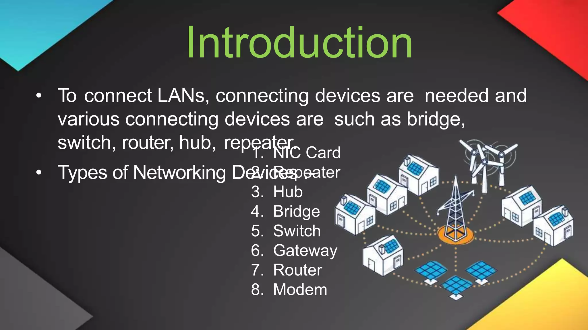 Introduction
• To connect LANs, connecting devices are needed and
various connecting devices are such as bridge,
switch, router, hub, repeater.
• Types of Networking Devices :-
1. NIC Card
2. Repeater
3. Hub
4. Bridge
5. Switch
6. Gateway
7. Router
8. Modem
 