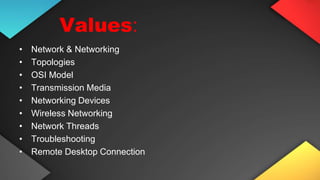 Values:
• Network & Networking
• Topologies
• OSI Model
• Transmission Media
• Networking Devices
• Wireless Networking
• ...