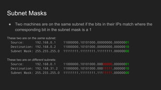 Subnet Masks
● Two machines are on the same subnet if the bits in their IPs match where the
corresponding bit in the subnet mask is a 1
These two are on the same subnet:
Source: 192.168.0.1 11000000.10101000.00000000.00000001
Destination: 192.168.0.2 11000000.10101000.00000000.00000010
Subnet Mask: 255.255.255.0 11111111.11111111.11111111.00000000
These two are on different subnets:
Source: 192.168.0.1 11000000.10101000.00000000.00000001
Destination: 192.168.31.2 11000000.10101000.00011111.00000010
Subnet Mask: 255.255.255.0 11111111.11111111.11111111.00000000
 