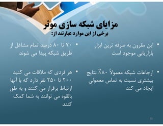 ‫موثر‬ ‫سازي‬ ‫شبكه‬ ‫مزاياي‬
‫از‬ ‫عبارتند‬ ‫موارد‬ ‫اين‬ ‫از‬ ‫برخي‬
:
•
٧٠
‫تا‬
٨٠
‫از‬ ‫مشاغل‬ ‫تمام‬ ‫درصد‬
‫شوند‬ ‫مي‬ ‫پيدا‬ ‫شبكه‬ ‫طريق‬
•
‫كنيد‬ ‫مي‬ ‫مﻼقات‬ ‫كه‬ ‫فردي‬ ‫هر‬
٢٠٠
‫تا‬
٢٥٠
‫آنها‬ ‫با‬ ‫كه‬ ‫دارد‬ ‫نفر‬
‫ط‬ ‫به‬ ‫و‬ ‫كنند‬ ‫مي‬ ‫برقرار‬ ‫ارتباط‬
‫ور‬
‫كمك‬ ‫شما‬ ‫به‬ ‫توانند‬ ‫مي‬ ‫بالقوه‬
‫كنند‬
•
‫ابزار‬ ‫ترين‬ ‫صرفه‬ ‫به‬ ‫مقرون‬ ‫اين‬
‫است‬ ‫موجود‬ ‫بازاريابي‬
•
ً‫ﻻ‬‫معمو‬ ‫شبكه‬ ‫ارجاعات‬
٨٠
٪
‫نتايج‬
‫معم‬ ‫تماس‬ ‫به‬ ‫نسبت‬ ‫بيشتري‬
‫ولي‬
‫كند‬ ‫مي‬ ‫ايجاد‬
10
 