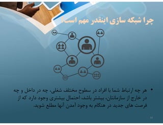 ‫است؟‬ ‫مهم‬ ‫اينقدر‬ ‫سازي‬ ‫شبكه‬ ‫چرا‬
•
‫چه‬ ‫و‬ ‫داخل‬ ‫در‬ ‫چه‬ ،‫شغلي‬ ‫مختلف‬ ‫سطوح‬ ‫در‬ ‫افراد‬ ‫با‬ ‫شما‬ ‫ارتباط‬ ‫چه‬ ‫هر‬
‫ك‬ ‫دارد‬ ‫وجود‬ ‫بيشتري‬ ‫احتمال‬ ،‫باشد‬ ‫بيشتر‬ ،‫سازمانتان‬ ‫از‬ ‫خارج‬ ‫در‬
‫از‬ ‫ه‬
‫شويد‬ ‫مطلع‬ ‫آنها‬ ‫آمدن‬ ‫وجود‬ ‫به‬ ‫هنگام‬ ‫در‬ ‫جديد‬ ‫هاي‬ ‫فرصت‬
.
14
 