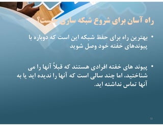 ‫شبكه‬ ‫شروع‬ ‫براي‬ ‫آسان‬ ‫راه‬
‫چيست؟‬ ‫سازي‬
•
‫با‬ ‫دوباره‬ ‫كه‬ ‫است‬ ‫اين‬ ‫شبكه‬ ‫حفظ‬ ‫براي‬ ‫راه‬ ‫بهترين‬
‫شويد‬ ‫وصل‬ ‫خود‬ ‫خفته‬ ‫پيوندهاي‬
•
‫مي‬ ‫را‬ ‫آنها‬ ً‫ﻼ‬‫قب‬ ‫كه‬ ‫هستند‬ ‫افرادي‬ ‫خفته‬ ‫هاي‬ ‫پيوند‬
‫يا‬ ‫ايد‬ ‫نديده‬ ‫را‬ ‫آنها‬ ‫كه‬ ‫است‬ ‫سالي‬ ‫چند‬ ‫اما‬ ،‫شناختيد‬
‫به‬
‫ايد‬ ‫نداشته‬ ‫تماس‬ ‫آنها‬
.
18
 