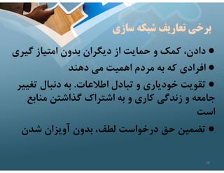 ‫سازي‬ ‫شبكه‬ ‫تعاريف‬ ‫برخي‬
●
‫گير‬ ‫امتياز‬ ‫بدون‬ ‫ديگران‬ ‫از‬ ‫حمايت‬ ‫و‬ ‫كمك‬ ،‫دادن‬
‫ي‬
●
‫دهند‬ ‫مي‬ ‫اهميت‬ ‫مردم‬ ‫به‬ ‫كه‬ ‫افرادي‬
●
‫اطﻼعات‬ ‫تبادل‬ ‫و‬ ‫خودياري‬ ‫تقويت‬
.
‫تغ‬ ‫دنبال‬ ‫به‬
‫يير‬
‫منابع‬ ‫گذاشتن‬ ‫اشتراك‬ ‫به‬ ‫و‬ ‫كاري‬ ‫زندگي‬ ‫و‬ ‫جامعه‬
‫است‬
●
‫شدن‬ ‫آويزان‬ ‫بدون‬ ،‫لطف‬ ‫درخواست‬ ‫حق‬ ‫تضمين‬
28
 