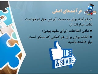 ‫اصلي‬ ‫فرآيندهاي‬
‫درخواست‬ ‫حق‬ ‫آوردن‬ ‫دست‬ ‫به‬ ‫براي‬ ‫فرآيند‬ ‫دو‬
‫از‬ ‫عبارتند‬ ‫لطف‬
:
●
‫اطﻼعات‬ ‫دادن‬
)
‫بودن‬ ‫مفيد‬ ‫براي‬
(
●
‫است‬ ‫ممكن‬ ‫كه‬ ‫كمكي‬ ‫هر‬ ‫براي‬ ‫بودن‬ ‫آماده‬
‫باشيد‬ ‫داشته‬ ‫نياز‬
40
 