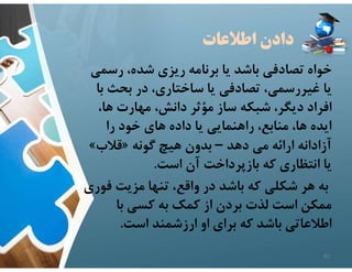 ‫اطﻼعات‬ ‫دادن‬
‫رس‬ ،‫شده‬ ‫ريزي‬ ‫برنامه‬ ‫يا‬ ‫باشد‬ ‫تصادفي‬ ‫خواه‬
‫مي‬
‫بحث‬ ‫در‬ ،‫ساختاري‬ ‫يا‬ ‫تصادفي‬ ،‫غيررسمي‬ ‫يا‬
‫با‬
،‫ها‬ ‫مهارت‬ ،‫دانش‬ ‫مؤثر‬ ‫ساز‬ ‫شبكه‬ ،‫ديگر‬ ‫افراد‬
‫را‬ ‫خود‬ ‫هاي‬ ‫داده‬ ‫يا‬ ‫راهنمايي‬ ،‫منابع‬ ،‫ها‬ ‫ايده‬
‫دهد‬ ‫مي‬ ‫ارائه‬ ‫آزادانه‬
–
‫گونه‬ ‫هيچ‬ ‫بدون‬
»
‫قﻼب‬
«
‫است‬ ‫آن‬ ‫بازپرداخت‬ ‫كه‬ ‫انتظاري‬ ‫يا‬
.
‫ف‬ ‫مزيت‬ ‫تنها‬ ،‫واقع‬ ‫در‬ ‫باشد‬ ‫كه‬ ‫شكلي‬ ‫هر‬ ‫به‬
‫وري‬
‫با‬ ‫كسي‬ ‫به‬ ‫كمك‬ ‫از‬ ‫بردن‬ ‫لذت‬ ‫است‬ ‫ممكن‬
‫است‬ ‫ارزشمند‬ ‫او‬ ‫براي‬ ‫كه‬ ‫باشد‬ ‫اطﻼعاتي‬
.
41
 