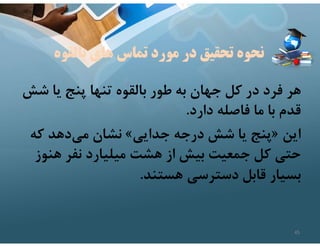 ‫ش‬ ‫يا‬ ‫پنج‬ ‫تنها‬ ‫بالقوه‬ ‫طور‬ ‫به‬ ‫جهان‬ ‫كل‬ ‫در‬ ‫فرد‬ ‫هر‬
‫ش‬
‫دارد‬ ‫فاصله‬ ‫ما‬ ‫با‬ ‫قدم‬
.
‫اين‬
»
‫جدايي‬ ‫درجه‬ ‫شش‬ ‫يا‬ ‫پنج‬
«
‫كه‬ ‫دهد‬‫مي‬ ‫نشان‬
‫هن‬ ‫نفر‬ ‫ميليارد‬ ‫هشت‬ ‫از‬ ‫بيش‬ ‫جمعيت‬ ‫كل‬ ‫حتي‬
‫وز‬
‫هستند‬ ‫دسترسي‬ ‫قابل‬ ‫بسيار‬
.
‫بالق‬ ‫هاي‬ ‫تماس‬ ‫مورد‬ ‫در‬ ‫تحقيق‬ ‫نحوه‬
‫وه‬
45
 