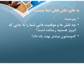 ‫جاي‬ ‫به‬
:
‫چيست؟‬ ‫شما‬ ‫فعلي‬ ‫نقش‬
•
‫بپرسيد‬
:
•
‫كه‬ ‫جايي‬ ‫به‬ ‫را‬ ‫شما‬ ‫هايي‬ ‫موقعيت‬ ‫و‬ ‫ها‬ ‫نقش‬ ‫چه‬
‫است؟‬ ‫رسانده‬ ‫هستيد‬ ‫امروز‬
•
‫داد؟‬ ‫ياد‬ ‫بهت‬ ‫بيشتر‬ ‫كدومشون‬
54
 