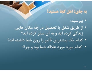 ‫جاي‬ ‫به‬
:
‫هستيد؟‬ ‫كجا‬ ‫اهل‬
•
‫بپرسيد‬
:
•
‫هايي‬ ‫مكان‬ ‫چه‬ ‫در‬ ‫تحصيل‬ ‫يا‬ ‫شغل‬ ‫طريق‬ ‫از‬
‫ايد؟‬ ‫كرده‬ ‫سفر‬ ‫آن‬ ‫به‬ ‫و‬ ‫ايد‬ ‫كرده‬ ‫زندگي‬
•
‫داشت‬ ‫شما‬ ‫روي‬ ‫را‬ ‫تأثير‬ ‫بيشترين‬ ‫يك‬ ‫كدام‬
‫اند؟‬ ‫ه‬
•
‫چرا؟‬ ‫و‬ ‫بود‬ ‫شما‬ ‫عﻼقه‬ ‫مورد‬ ‫مورد‬ ‫كدام‬
55
 