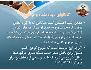 ‫فرصتها‬ ‫و‬ ‫نشده‬ ‫ديده‬ ‫كانالهاي‬
•
‫تماس‬ ‫افراد‬ ‫با‬ ‫كه‬ ‫هنگامي‬ ‫كنيد‬ ‫احساس‬ ‫است‬ ‫ممكن‬
‫تماس‬ ‫هاي‬ ‫كارت‬ ‫آوري‬ ‫جمع‬ ‫به‬ ‫شروع‬ ،‫كرديد‬ ‫برقرار‬
‫شناس‬ ‫مي‬ ‫كه‬ ‫را‬ ‫افرادي‬ ‫تعداد‬ ‫نتيجه‬ ‫در‬ ‫و‬ ‫كرديد‬ ‫زيادي‬
‫يد‬
‫شب‬ ‫سخت‬ ‫بخش‬ ،‫داديد‬ ‫افزايش‬ ‫توجهي‬ ‫قابل‬ ‫ميزان‬ ‫به‬
‫كه‬
‫است‬ ‫شده‬ ‫كامل‬ ‫موثرتر‬ ‫سازي‬
.
•
‫اغلب‬ ‫كردن‬ ‫شروع‬ ‫كه‬ ‫است‬ ‫درست‬ ‫اين‬ ‫اگرچه‬
‫تنه‬ ‫موفق‬ ‫سازي‬‫شبكه‬ ،‫است‬ ‫سفر‬ ‫بخش‬ ‫دشوارترين‬
‫ا‬
‫بر‬ ‫مخاطبين‬ ‫از‬ ‫وسيعي‬ ‫طيف‬ ‫كه‬ ‫شود‬‫مي‬ ‫شروع‬ ‫زماني‬
‫اي‬
‫باشيد‬ ‫داشته‬ ‫پرورش‬
.
72
 