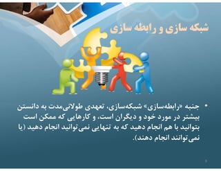 ‫سازي‬ ‫رابطه‬ ‫و‬ ‫سازي‬ ‫شبكه‬
•
‫جنبه‬
»
‫سازي‬‫رابطه‬
«
‫دانس‬ ‫به‬ ‫مدت‬‫طوﻻني‬ ‫تعهدي‬ ،‫سازي‬‫شبكه‬
‫تن‬
‫است‬ ‫ممكن‬ ‫كه‬ ‫كارهايي‬ ‫و‬ ،‫است‬ ‫ديگران‬ ‫و‬ ‫خود‬ ‫مورد‬ ‫در‬ ‫بيشتر‬
‫د‬ ‫انجام‬ ‫توانيد‬‫نمي‬ ‫تنهايي‬ ‫به‬ ‫كه‬ ‫دهيد‬ ‫انجام‬ ‫هم‬ ‫با‬ ‫بتوانيد‬
‫هيد‬
)
‫يا‬
‫دهند‬ ‫انجام‬ ‫توانند‬‫نمي‬
.(
8
 