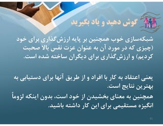 ‫بگيريد‬ ‫ياد‬ ‫و‬ ‫دهيد‬ ‫گوش‬
‫خود‬ ‫براي‬ ‫گذاري‬‫ارزش‬ ‫پايه‬ ‫بر‬ ‫همچنين‬ ‫خوب‬ ‫سازي‬‫شبكه‬
)
‫صحبت‬ ‫باﻻ‬ ‫نفس‬ ‫عزت‬ ‫عنوان‬ ‫به‬ ‫آن‬ ‫مورد‬ ‫در‬ ‫كه‬ ‫چيزي‬
‫كرديم‬
(
‫است‬ ‫شده‬ ‫ساخته‬ ‫ديگران‬ ‫براي‬ ‫گذاري‬‫ارزش‬ ‫و‬
.
‫دستياب‬ ‫براي‬ ‫آنها‬ ‫طريق‬ ‫از‬ ‫و‬ ‫افراد‬ ‫با‬ ‫كار‬ ‫به‬ ‫اعتقاد‬ ‫يعني‬
‫به‬ ‫ي‬
‫است‬ ‫نتايج‬ ‫بهترين‬
.
‫لزو‬ ‫اينكه‬ ‫بدون‬ ،‫است‬ ‫خود‬ ‫از‬ ‫بخشيدن‬ ‫معناي‬ ‫به‬ ‫همچنين‬
ً‫ا‬‫م‬
‫باشيد‬ ‫داشته‬ ‫كار‬ ‫اين‬ ‫براي‬ ‫مستقيمي‬ ‫انگيزه‬
.
81
 