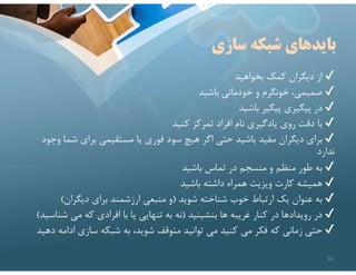 ‫سازي‬ ‫شبكه‬ ‫بايدهاي‬
✔
‫بخواهيد‬ ‫كمك‬ ‫ديگران‬ ‫از‬
✔
‫باشيد‬ ‫خودماني‬ ‫و‬ ‫خونگرم‬ ،‫صميمي‬
✔
‫باشيد‬ ‫پيگير‬ ‫پيگيري‬ ‫در‬
✔
‫كنيد‬ ‫تمركز‬ ‫افراد‬ ‫نام‬ ‫يادگيري‬ ‫روي‬ ‫دقت‬ ‫با‬
✔
‫شم‬ ‫براي‬ ‫مستقيمي‬ ‫يا‬ ‫فوري‬ ‫سود‬ ‫هيچ‬ ‫اگر‬ ‫حتي‬ ‫باشيد‬ ‫مفيد‬ ‫ديگران‬ ‫براي‬
‫وجود‬ ‫ا‬
‫ندارد‬
✔
‫باشيد‬ ‫تماس‬ ‫در‬ ‫منسجم‬ ‫و‬ ‫منظم‬ ‫طور‬ ‫به‬
✔
‫باشيد‬ ‫داشته‬ ‫همراه‬ ‫ويزيت‬ ‫كارت‬ ‫هميشه‬
✔
‫شويد‬ ‫شناخته‬ ‫خوب‬ ‫ارتباط‬ ‫يك‬ ‫عنوان‬ ‫به‬
)
‫ديگران‬ ‫براي‬ ‫ارزشمند‬ ‫منبعي‬ ‫و‬
(
✔
‫بنشينيد‬ ‫ها‬ ‫غريبه‬ ‫كنار‬ ‫در‬ ‫رويدادها‬ ‫در‬
)
‫ش‬ ‫مي‬ ‫كه‬ ‫افرادي‬ ‫با‬ ‫يا‬ ‫تنهايي‬ ‫به‬ ‫نه‬
‫ناسيد‬
(
✔
‫ادام‬ ‫سازي‬ ‫شبكه‬ ‫به‬ ،‫شويد‬ ‫متوقف‬ ‫توانيد‬ ‫مي‬ ‫كنيد‬ ‫مي‬ ‫فكر‬ ‫كه‬ ‫زماني‬ ‫حتي‬
‫دهيد‬ ‫ه‬
84
 