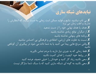 ‫سازي‬ ‫شبكه‬ ‫نبايدهاي‬
✘
‫نباشيد‬ ‫تاب‬ ‫بي‬
.
‫كه‬ ‫بيايند‬ ‫دست‬ ‫به‬ ‫زماني‬ ‫است‬ ‫ممكن‬ ‫فوايد‬ ‫و‬ ‫نتايج‬
‫را‬ ‫انتظارش‬
‫برد‬ ‫مي‬ ‫زمان‬ ‫اغلب‬ ‫و‬ ‫نداريد‬
✘
‫ندهيد‬ ‫دست‬ ‫از‬ ‫را‬ ‫خود‬ ‫نهايي‬ ‫هدف‬ ‫يا‬ ‫هدف‬
✘
‫باشيد‬ ‫نداشته‬ ‫زيادي‬ ‫توقع‬ ‫ديگران‬ ‫از‬
✘
‫باشيد‬ ‫نداشته‬ ‫پنهاني‬ ‫هاي‬ ‫برنامه‬
✘
‫نباشيد‬ ‫احساس‬ ‫بي‬ ‫فرهنگي‬ ‫و‬ ‫اعتقادي‬ ،‫ارزشي‬ ‫هاي‬ ‫تفاوت‬ ‫به‬ ‫نسبت‬
✘
‫آن‬ ‫پيگيري‬ ‫در‬ ‫شود‬ ‫مي‬ ‫داده‬ ‫شما‬ ‫به‬ ‫يا‬ ‫كنيد‬ ‫مي‬ ‫پيدا‬ ‫هايي‬ ‫سرنخ‬ ‫وقتي‬
‫كوتاهي‬
‫نكنيد‬
✘
‫نگيريد‬ ‫تماس‬ ‫مردم‬ ‫با‬ ‫داريد‬ ‫نياز‬ ‫چيزي‬ ‫به‬ ‫كه‬ ‫زماني‬ ‫فقط‬
✘
‫نكنيد‬ ‫كميت‬ ‫فداي‬ ‫را‬ ‫كيفيت‬ ‫خود‬ ‫روابط‬ ‫در‬
✘
‫كنيد‬ ‫عرضه‬ ‫ضعيف‬ ‫خيلي‬ ‫را‬ ‫خودتان‬ ‫و‬ ‫كنيد‬ ‫كار‬ ‫زياد‬ ‫نكنيد‬ ‫سعي‬
✘
‫ن‬ ‫سازگار‬ ‫شما‬ ‫سبك‬ ‫با‬ ‫كه‬ ‫كنيد‬ ‫سازي‬ ‫شبكه‬ ‫اي‬ ‫گونه‬ ‫به‬ ‫نكنيد‬ ‫سعي‬
‫يست‬
85
 