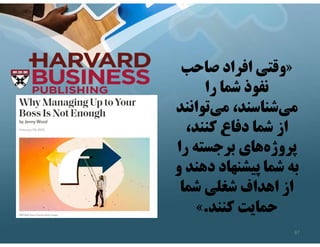 »
‫صاحب‬ ‫افراد‬ ‫وقتي‬
‫را‬ ‫شما‬ ‫نفوذ‬
‫توان‬‫مي‬ ،‫شناسند‬‫مي‬
‫ند‬
،‫كنند‬ ‫دفاع‬ ‫شما‬ ‫از‬
‫ر‬ ‫برجسته‬ ‫هاي‬‫پروژه‬
‫ا‬
‫ده‬ ‫پيشنهاد‬ ‫شما‬ ‫به‬
‫و‬ ‫ند‬
‫شما‬ ‫شغلي‬ ‫اهداف‬ ‫از‬
‫كنند‬ ‫حمايت‬
.
«
87
 