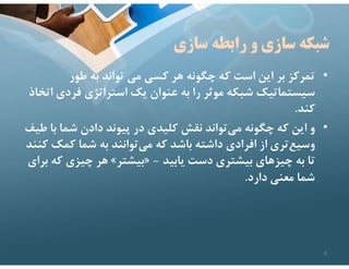 ‫سازي‬ ‫رابطه‬ ‫و‬ ‫سازي‬ ‫شبكه‬
•
‫طور‬ ‫به‬ ‫تواند‬ ‫مي‬ ‫كسي‬ ‫هر‬ ‫چگونه‬ ‫كه‬ ‫است‬ ‫اين‬ ‫بر‬ ‫تمركز‬
‫فردي‬ ‫استراتژي‬ ‫يك‬ ‫عنوان‬ ‫به‬ ‫را‬ ‫موثر‬ ‫شبكه‬ ‫سيستماتيك‬
‫اتخاذ‬
‫كند‬
.
•
‫ب‬ ‫شما‬ ‫دادن‬ ‫پيوند‬ ‫در‬ ‫كليدي‬ ‫نقش‬ ‫تواند‬‫مي‬ ‫چگونه‬ ‫كه‬ ‫اين‬ ‫و‬
‫طيف‬ ‫ا‬
‫كمك‬ ‫شما‬ ‫به‬ ‫توانند‬‫مي‬ ‫كه‬ ‫باشد‬ ‫داشته‬ ‫افرادي‬ ‫از‬ ‫تري‬‫وسيع‬
‫كنند‬
‫يابيد‬ ‫دست‬ ‫بيشتري‬ ‫چيزهاي‬ ‫به‬ ‫تا‬
-
»
‫بيشتر‬
«
‫ك‬ ‫چيزي‬ ‫هر‬
‫براي‬ ‫ه‬
‫دارد‬ ‫معني‬ ‫شما‬
.
9
 