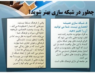 ‫شوي‬ ‫بهتر‬ ‫سازي‬ ‫شبكه‬ ‫در‬ ‫چطور‬
‫د؟‬
،‫نيستيد‬ ‫مسلط‬ ‫فرهنگ‬ ‫از‬ ‫وقتي‬
‫را‬ ‫شما‬ ‫كه‬ ‫چيزهايي‬
»
‫متفاوت‬
«
‫كند‬‫مي‬
-
‫تاري‬ ،‫اقتصادي‬ ‫وضعيت‬ ،‫پوست‬ ‫رنگ‬
‫خچه‬
‫شما‬ ‫فرهنگ‬ ‫و‬ ‫ميراث‬ ،‫خانوادگي‬
-
‫برسد‬ ‫نظر‬ ‫به‬ ‫كمبود‬ ‫مانند‬ ‫تواند‬‫مي‬
.
‫در‬ ‫اما‬
‫نيست‬ ‫اينطور‬ ‫واقعيت‬
.
‫شايستگي‬
‫مهارت‬ ‫شما‬ ‫تجاري‬ ‫هوش‬ ‫و‬ ‫فرهنگي‬
‫خود‬ ‫زندگي‬ ‫طول‬ ‫در‬ ‫كه‬ ‫است‬ ‫هايي‬
‫ايد‬ ‫آموخته‬
-
‫را‬ ‫شما‬ ‫ها‬ ‫ويژگي‬ ‫اين‬
‫كند‬ ‫مي‬ ‫متمايز‬
.
‫شبكه‬ ‫ايجاد‬ ‫از‬ ‫قبل‬
‫از‬ ،
‫بپرسيد‬ ‫خود‬
:
‫چ‬ ‫چيست؟‬ ‫من‬ ‫قوت‬ ‫نقاط‬
‫ه‬
‫ام‬ ‫زندگي‬ ‫تجربيات‬ ‫از‬ ‫هايي‬ ‫مهارت‬
‫تمرين‬ ‫را‬ ‫آنها‬ ‫توانم‬ ‫مي‬ ‫كه‬ ‫ام‬ ‫آموخته‬
‫و‬ ‫كنم؟‬
....
٥
.
‫هميشه‬ ‫سازي‬ ‫شبكه‬
‫نيست‬ ‫انحصاري‬
.
‫توان‬ ‫مي‬ ‫شما‬
‫يد‬
‫دهيد‬ ‫تغيير‬ ‫را‬ ‫آن‬
.
‫شده‬ ‫رانده‬ ‫حاشيه‬ ‫به‬ ‫جوامع‬ ‫افراد‬ ‫به‬
‫كه‬ ‫شود‬ ‫مي‬ ‫داده‬ ‫هايي‬ ‫توصيه‬ ‫اغلب‬
»
‫سازي‬ ‫شبكه‬ ‫بهتر‬ ‫هاي‬ ‫فرصت‬ ‫براي‬
‫كنند‬
«
.
‫ب‬ ‫تاسف‬ ‫واقعيت‬ ،‫حال‬ ‫اين‬ ‫با‬
‫اين‬ ‫ار‬
‫داراي‬ ‫و‬ ‫سفيدپوست‬ ‫هاي‬ ‫گروه‬ ‫كه‬ ‫است‬
‫به‬ ‫دسترسي‬ ‫همچنان‬ ‫بيشتر‬ ‫امتياز‬
‫اكثر‬
‫كنترل‬ ‫را‬ ‫شغلي‬ ‫هاي‬ ‫فرصت‬ ‫و‬ ‫مشاغل‬
‫كنند‬ ‫مي‬
.
‫است‬ ‫غالب‬ ‫فرهنگ‬ ‫داراي‬ ‫اي‬ ‫جامعه‬ ‫هر‬
.
92
 