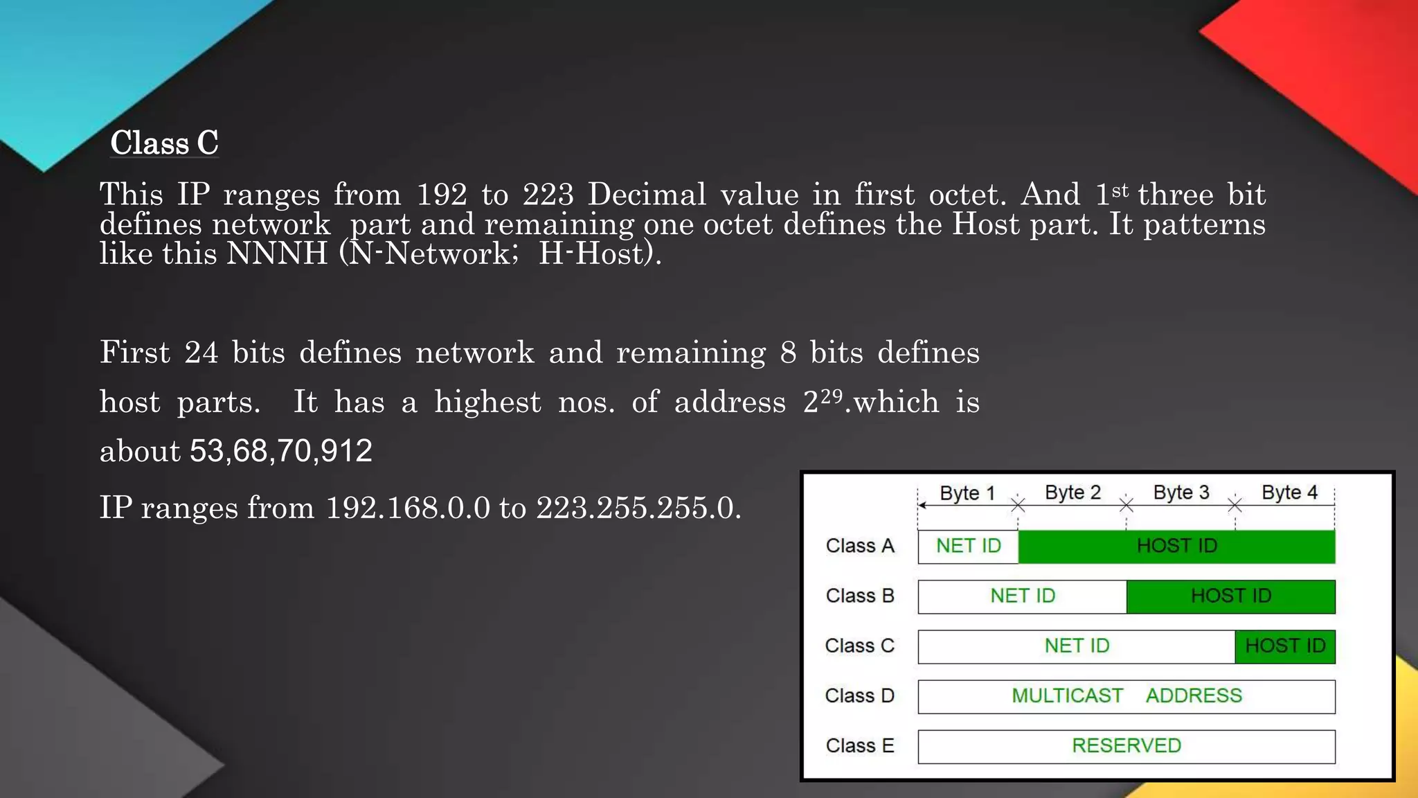 Class C
This IP ranges from 192 to 223 Decimal value in first octet. And 1st three bit
defines network part and remaining one octet defines the Host part. It patterns
like this NNNH (N-Network; H-Host).
First 24 bits defines network and remaining 8 bits defines
host parts. It has a highest nos. of address 229.which is
about 53,68,70,912
IP ranges from 192.168.0.0 to 223.255.255.0.
 