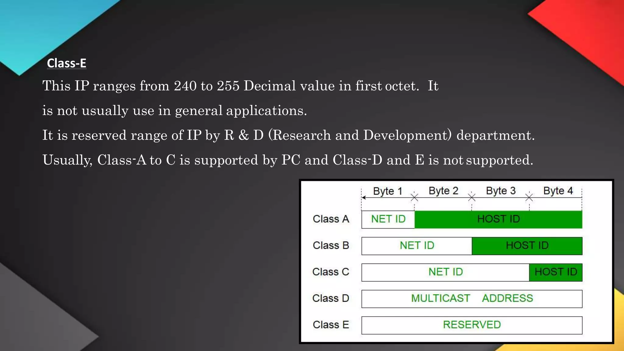Class-E
This IP ranges from 240 to 255 Decimal value in first octet. It
is not usually use in general applications.
It is reserved range of IP by R & D (Research and Development) department.
Usually, Class-A to C is supported by PC and Class-D and E is notsupported.
 