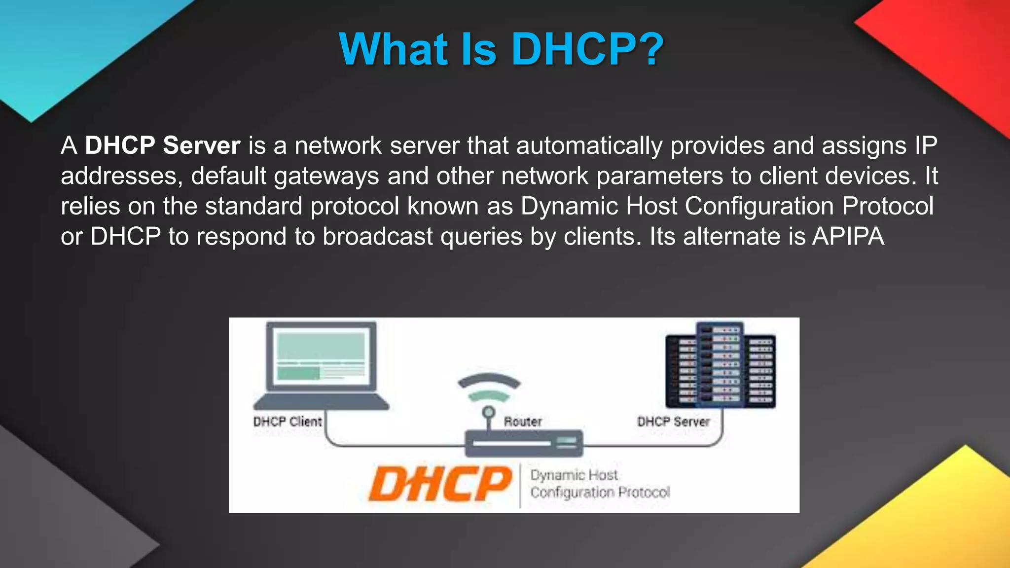 A DHCP Server is a network server that automatically provides and assigns IP
addresses, default gateways and other network parameters to client devices. It
relies on the standard protocol known as Dynamic Host Configuration Protocol
or DHCP to respond to broadcast queries by clients. Its alternate is APIPA
What Is DHCP?
 