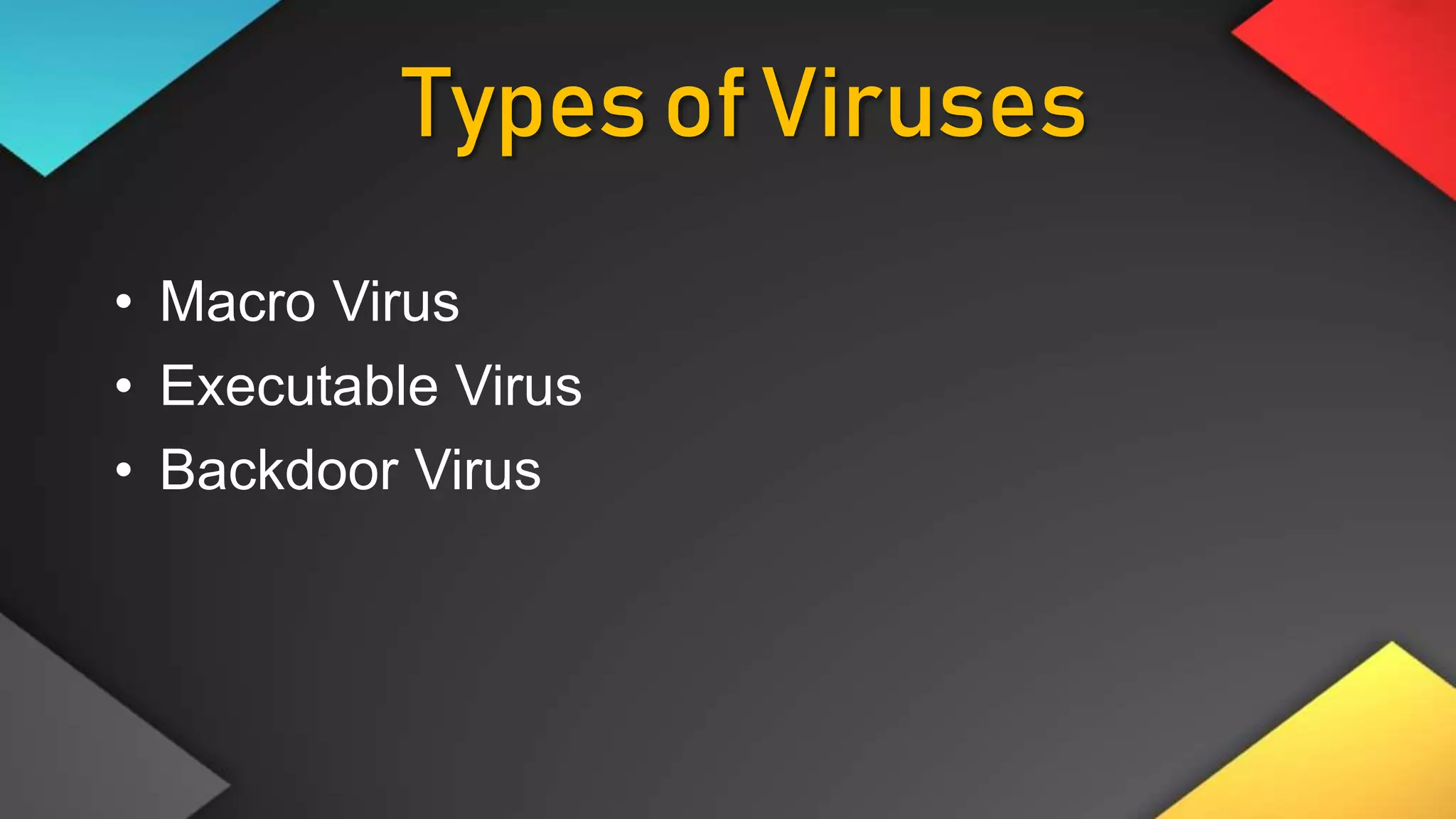 Typesof Viruses
• Macro Virus
• Executable Virus
• Backdoor Virus
 