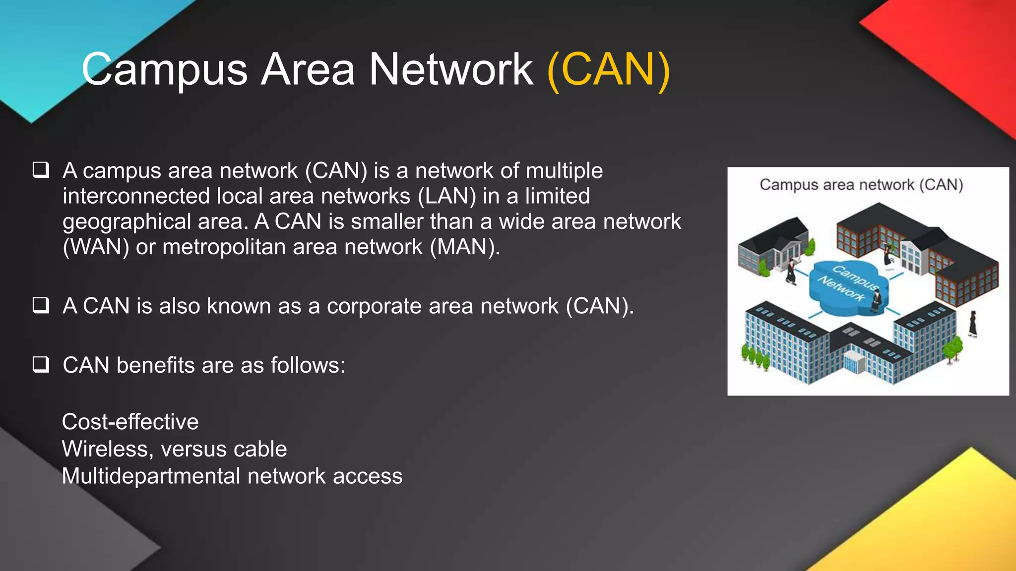 Campus Area Network (CAN)
 A campus area network (CAN) is a network of multiple
interconnected local area networks (LAN) in a limited
geographical area. A CAN is smaller than a wide area network
(WAN) or metropolitan area network (MAN).
 A CAN is also known as a corporate area network (CAN).
 CAN benefits are as follows:
Cost-effective
Wireless, versus cable
Multidepartmental network access
 