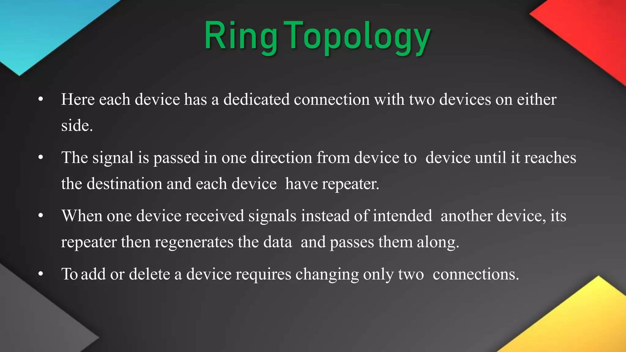 RingTopology
• Here each device has a dedicated connection with two devices on either
side.
• The signal is passed in one direction from device to device until it reaches
the destination and each device have repeater.
• When one device received signals instead of intended another device, its
repeater then regenerates the data and passes them along.
• Toadd or delete a device requires changing only two connections.
 