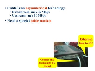20
• Cable is an asymmetrical technology
• Downstream: max 36 Mbps
• Upstream: max 10 Mbps
• Need a special cable modem
Ethernet
link to PC
Coaxial link
from cable TV
socket
 