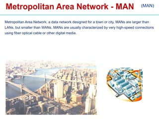 (MAN)
Metropolitan Area Network, a data network designed for a town or city. MANs are larger than
LANs, but smaller than WANs. MANs are usually characterized by very high-speed connections
using fiber optical cable or other digital media.
 
