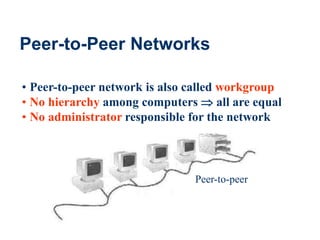 23
Peer-to-Peer Networks
• Peer-to-peer network is also called workgroup
• No hierarchy among computers  all are equal
• No administrator responsible for the network
Peer-to-peer
 