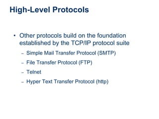 High-Level Protocols
• Other protocols build on the foundation
established by the TCP/IP protocol suite
– Simple Mail Transfer Protocol (SMTP)
– File Transfer Protocol (FTP)
– Telnet
– Hyper Text Transfer Protocol (http)
 